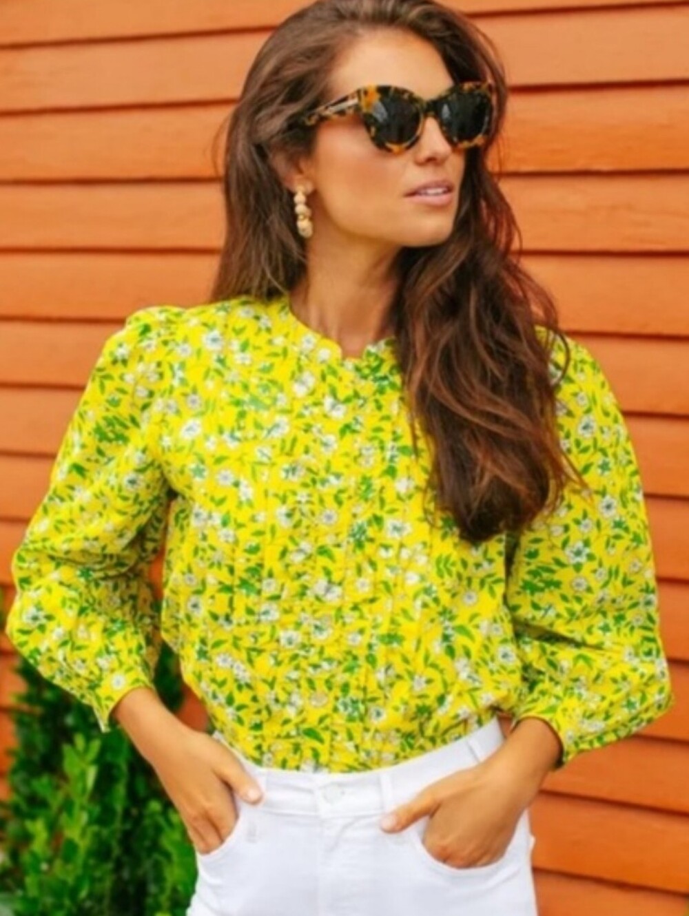 BANJANAN Jennifer Yellow Floral Ruffle Pleated Button Down Top Size Small